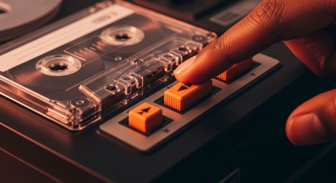 Hand interacting with cassette tape buttons.