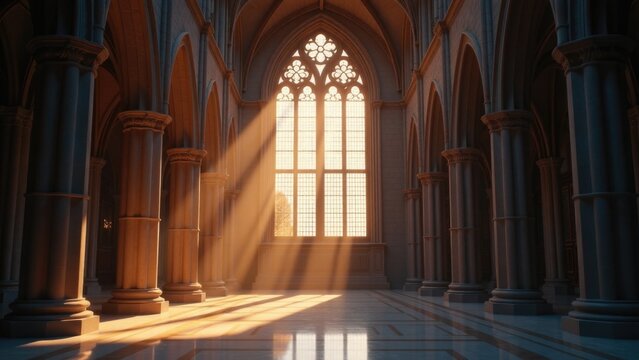 Sunlight pours into a cathedral's interior, illuminating pews and stained glass