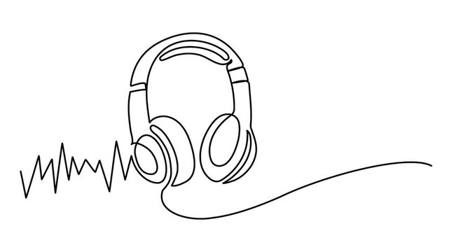 Continuous single line animation of stereo headphones representing music audio technology concept minimalist video