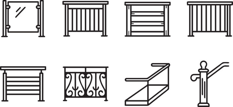 Modern railing icons set, architectural balustrade and handrail vector collection, metal and glass balcony fence line art for construction
