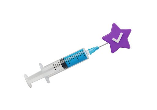 A syringe with a purple star-shaped attachment on the needle