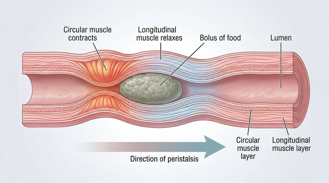 Detailed view of peristalsis showing muscle movements and bolus of food in the digestive tract during the digestive process