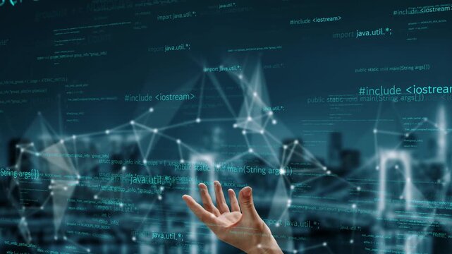 A captivating image featuring a human hand reaching toward dynamic code and data, symbolizing the intersection of technology, programming, and user interaction. Xenic
