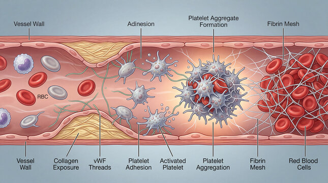 Detailed look at blood vessel structure and platelet activity during clot formation in the human body