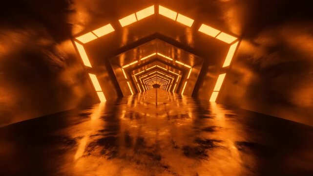 Symmetrical futuristic dark corridor with bright orange neon lights forming pentagonal arches. Reflective metallic floor and high contrast sci-fi lighting in a long tech tunnel.