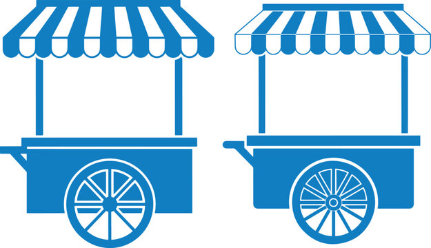 Two blue market stall carts with striped awnings