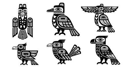 Obraz premium Native American Totem Pole Bird Art Icons Set