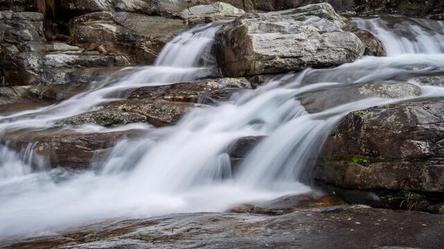 Slow-shutter time-lapse of the silky stream flowing over rocks