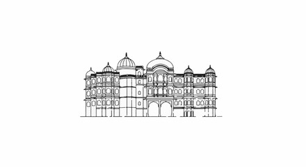 Obraz premium Ornate, symmetrical, multi-domed structure with arched entrances, outlined in black on white