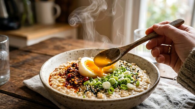 Steaming bowl of savory oat porridge topped with a soft-boiled egg, chili crunch oil, scallions, and furikake