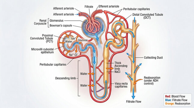 Diagram shows the structure and function of the nephron in the human kidney during the filtration process