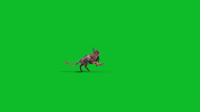Green Screen Griffin Runs Side Mythological Creature 3D Animation CGI Rendering 4K