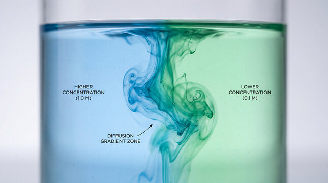 Mixing two liquids in a container shows diffusion process between different concentrations at a science lab