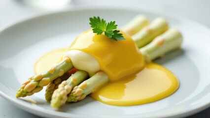 Naklejka premium Fresh asparagus and melted cheese on a white plate, perfect for a healthy snack or appetizer