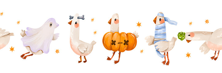 Decorative horizontal border with cute Halloween geese in costumes including ghost mummy and pumpkin for website banners and invitation cards hand drawn style © Ilona
