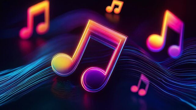 Colorful music notes move through dark blue space while bright waves swirl and shift in different patterns