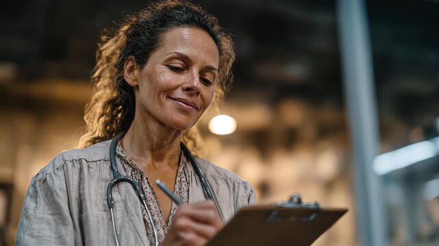 Woman doctor writing notes on clipboard. Female physician documenting patient information in clinic. Medical consultation and healthcare record keeping concept.