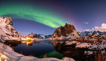 Naklejka premium Breathtaking aurora borealis in vivid green and violet ribbons dancing above a Norwegian fjord at midnight