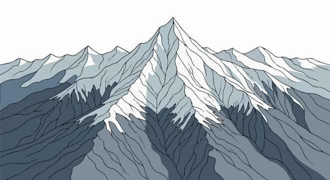 Stylized snow-capped mountain range with sharp peaks and shadowed slopes