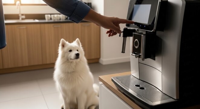 A fluffy white Samoyed dog patiently waits by a modern coffee machine as a person prepares a drink.