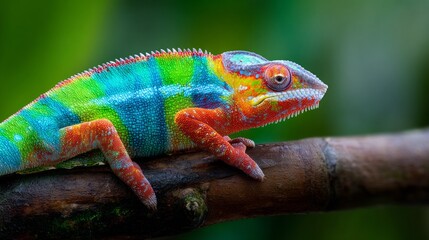 Fototapeta premium A colorful chameleon blends into its surroundings as it rests on a sturdy branch. The vivid hues highlight its scales under the sunlight, showcasing nature's artistry in a vibrant rainforest
