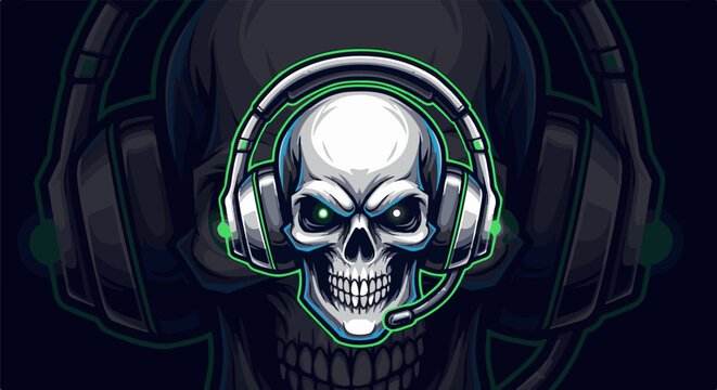A skull with green glowing eyes wears headphones and a microphone, against a dark background