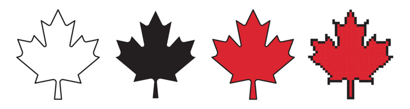 A versatile collection of maple leaf icons. Includes linear editable stroke, solid silhouette, red color fill, and pixel art styles. Canadian national symbol vector set isolated on white.