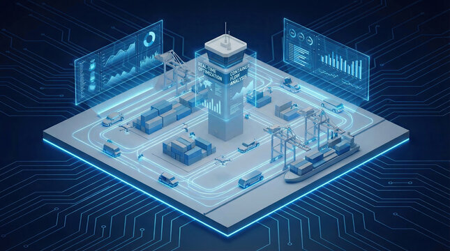 Optimizing supply chain management operational efficiency concept. Modern digital control tower in an advanced logistics environment.