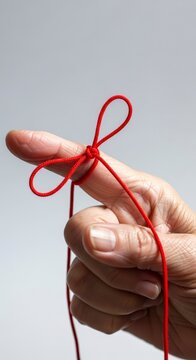 Hand holding red string tied bow.