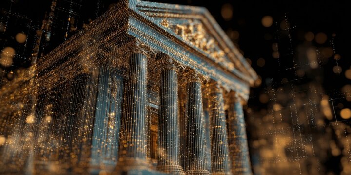 Abstract depiction of digital banking technology with intricate designs illustrating a bank building merged with data streams and cyber elements