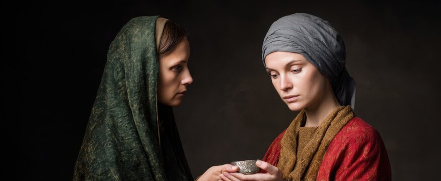 A woman exchanges a silver coin pouch like a treasure map of betrayal during Holy Week.