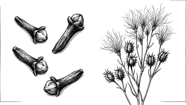 Hand drawn vintage botanical illustration of dried organic cloves and cumin spice plants on white background for culinary and herbal medicine design