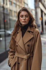 Obraz premium On the streets, a lady is wearing a long trench coat with a soft background