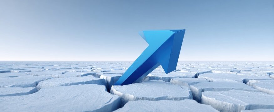 A bold blue arrow breaks through cracked ice symbolizing innovation business expansion and industry disruption.