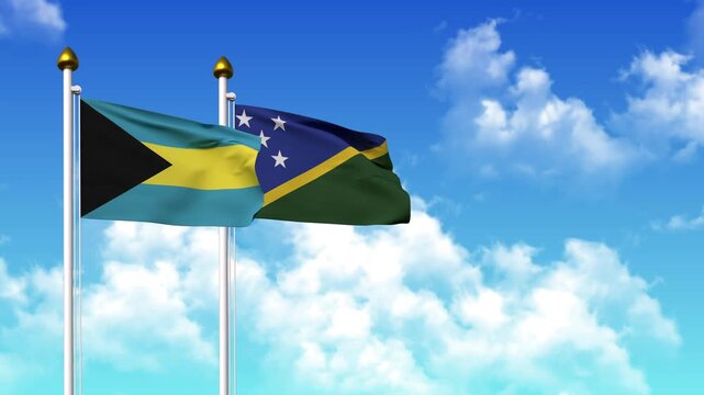 Waving flags of BAHAMAS and SOLOMON ISLANDS on pole included with alpha