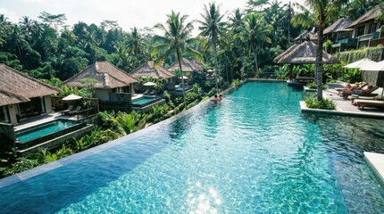 Obraz premium Luxury resort infinity pool overlooking lush tropical jungle and private villas