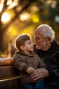 On a park bench, an elderly man gently pinches his grandson's cheek
