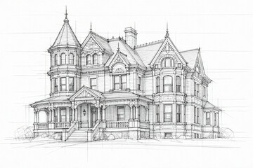 Naklejka premium Victorian Style Residential House Architectural Sketch Drawing