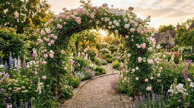 Enchanting rose garden archway with a winding path leading to a quaint stone cottage