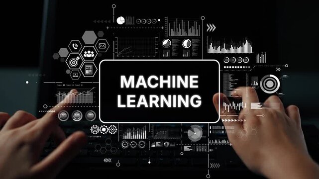 Hands Typing on Keyboard with Machine Learning Graphics and Data Analytics Visualization on Screen. Asymptotic smart data analytic.