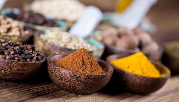Variety of spices in wooden bowls