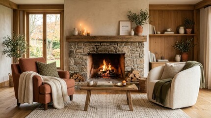 Fototapeta premium Cozy living room with a stone fireplace and comfortable seating for relaxation