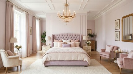 Fototapeta premium Elegant bedroom sanctuary with plush lavender tufted bed and soft pink accents