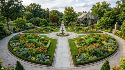 Obraz premium Formal garden with symmetrical flower beds and a central fountain