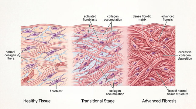 Fibrosis stages showing healthy tissue, transitional stage, and advanced fibrosis with labeled sections in a medical illustration