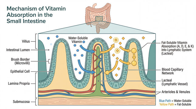 Mechanism of vitamin absorption in the small intestine shows how nutrients enter the bloodstream and lymphatic system