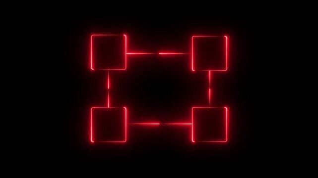 Neon line Work flow Diagram animation .a flowchart design rendered in a glowing red color against a black background. Neon line networking icon animation. digital interface and communication concept.