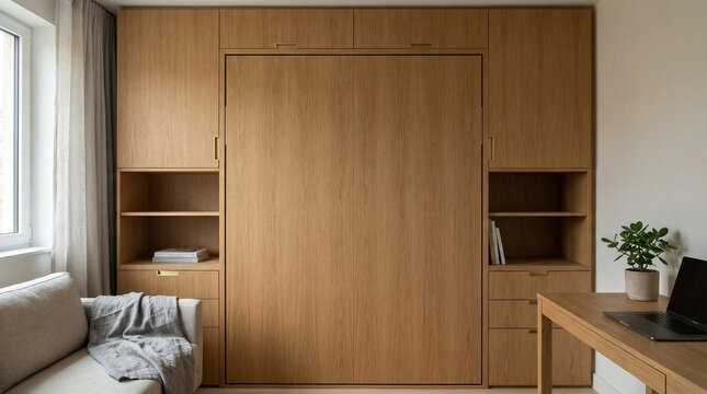 Modern Murphy bed folded into wooden wall with shelves and plants  