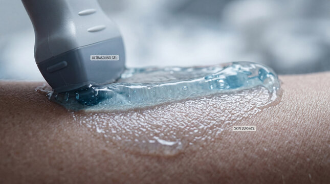 Ultrasound gel is applied to skin during therapy session in a healthcare setting