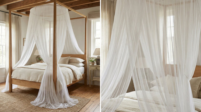 Elegant mosquito net draped over wooden bed in cozy interior  